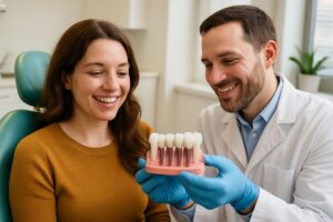 A dentist is showing a patient a full set of dental implants. The patient is smiling and appears happy, with natural lighting in the office. No text on image.