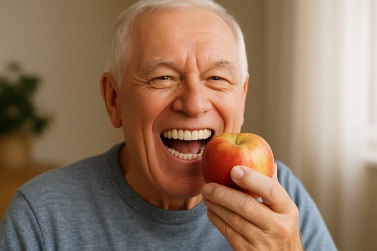 Image of a smiling senior man with full mouth dental implants, confidently eating an apple. No text on image.