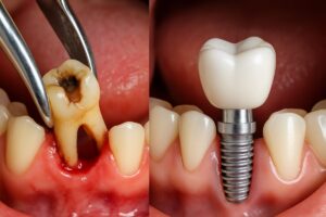 A split image showing a damaged tooth being extracted on one side and a perfect dental implant being placed on the other. No text on image.