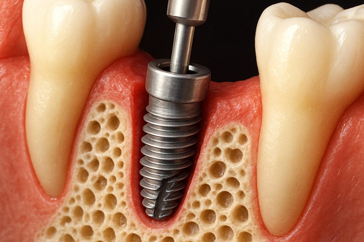 Image depicting a close-up of a dental implant being placed into a patient's jawbone, showcasing the screw-like structure integrating with the bone. No text on the image.