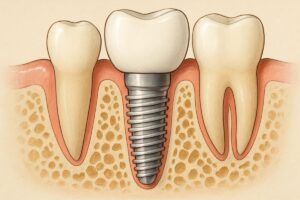Illustration depicting a cross-section of a human jaw with a dental implant integrated into the jaw bone. The implant is supporting a prosthetic tooth, showcasing the concept of osseointegration. No text on the image.