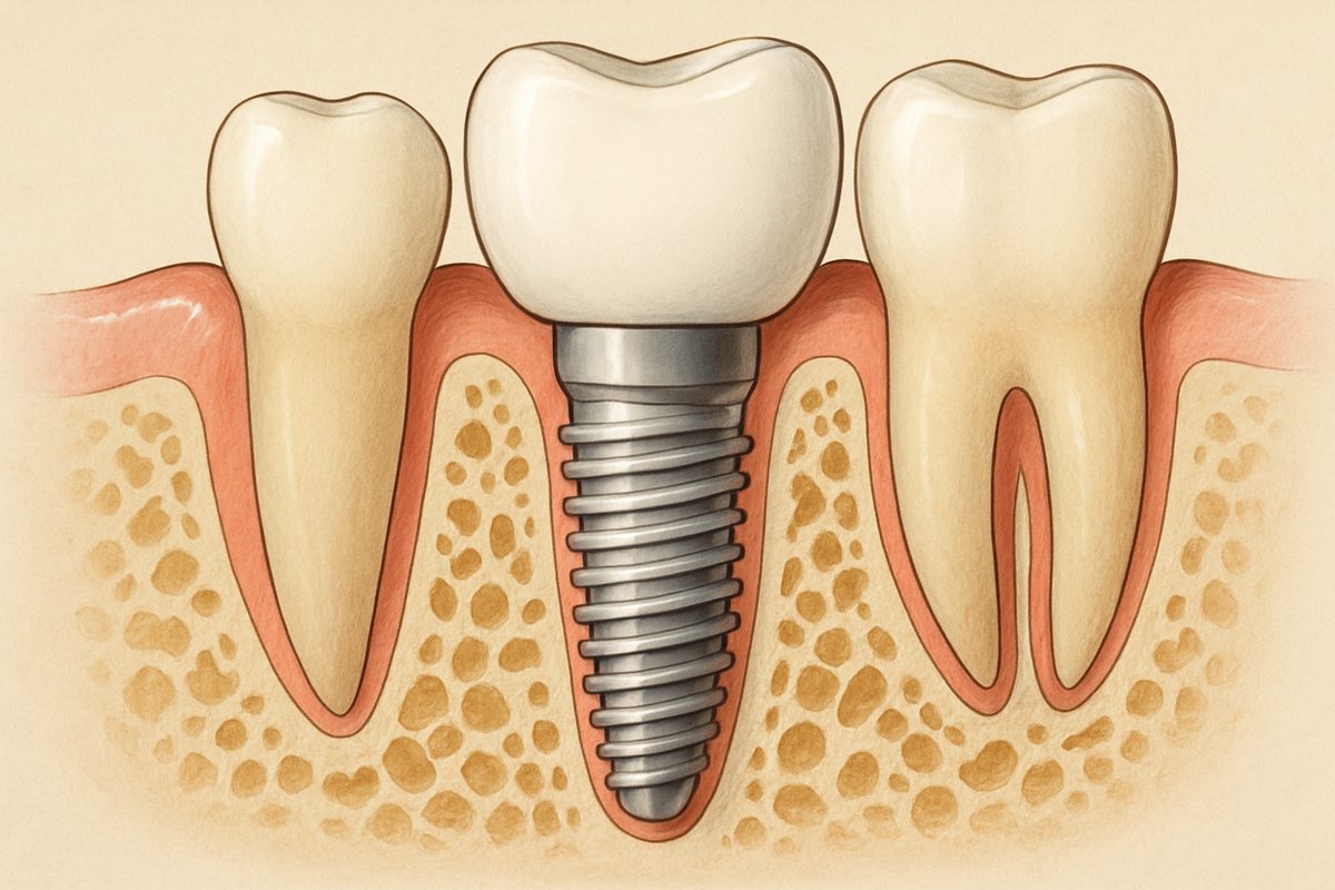 Illustration depicting a cross-section of a human jaw with a dental implant integrated into the jaw bone. The implant is supporting a prosthetic tooth, showcasing the concept of osseointegration. No text on the image.