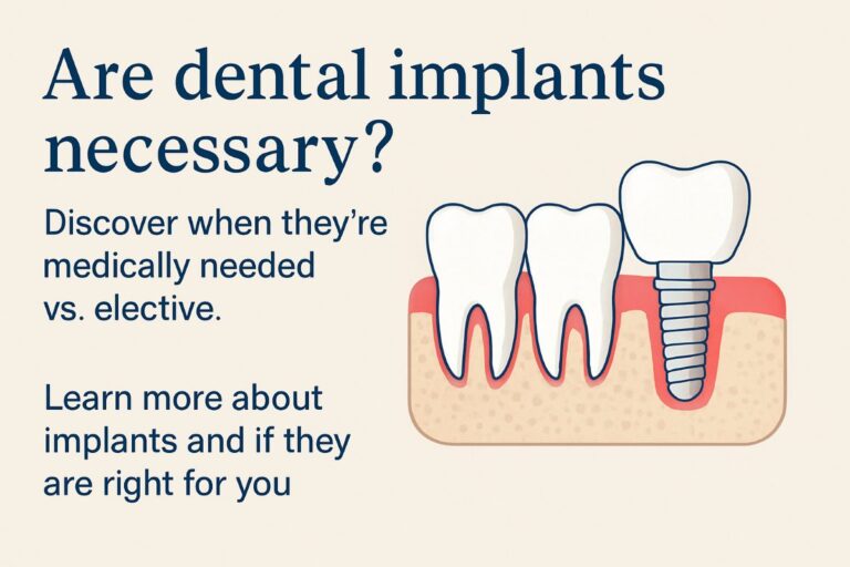 A 3D rendering of a patient smiling, with half of their teeth as dental implants, and the other half as natural teeth. No text on image.