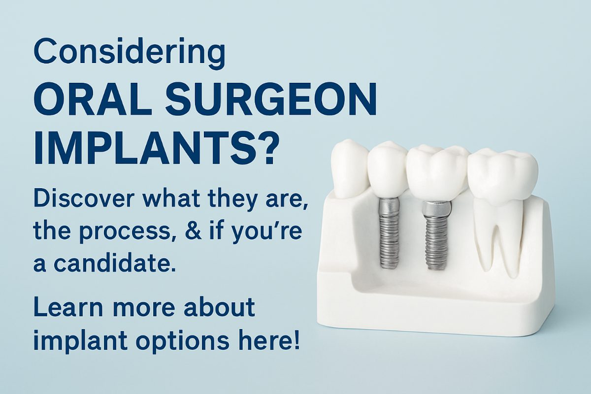 Image of an oral surgeon in scrubs, placing a dental implant into a patient's jawbone, with digital screens showing 3D scans in the background. No text on the image.